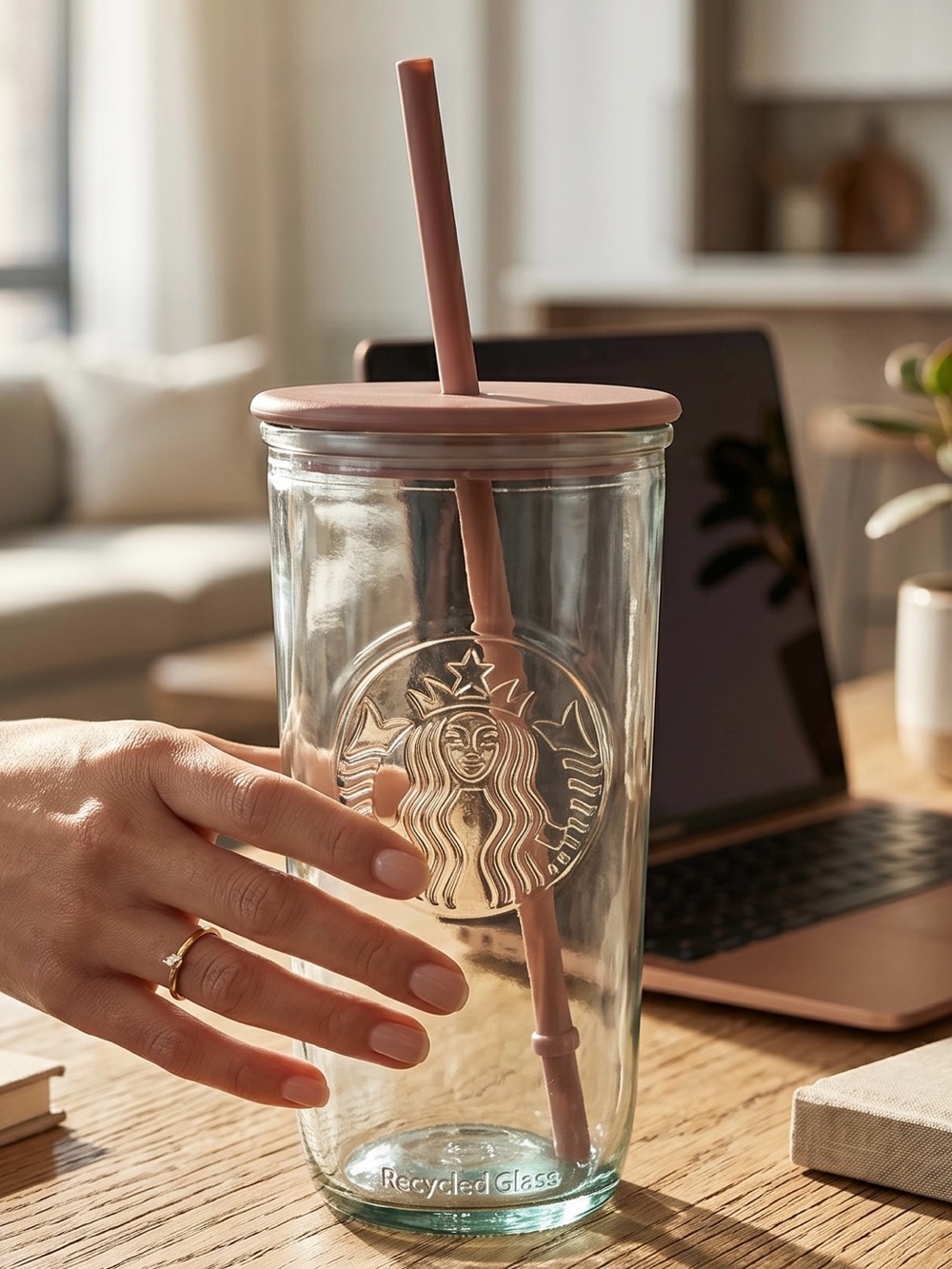 STARBUCKS Recycled Glass/Triangle Bottom/Cold Cup Tumbler/16oz/Terracotta Top